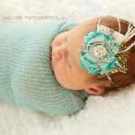 Mint Aqua Flower Baby Headband, Baby Flower..