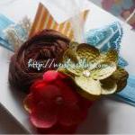 Brown Raw Silk Rosette Headband In Turquouse..