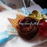 Brown Raw Silk Rosette Headband In Turquouse..