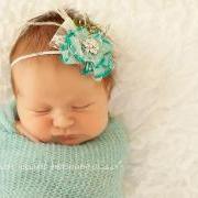 Mint Aqua Flower Baby Headband, Baby Flower Headband, Raw Silk Flower Headband