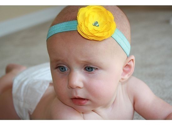 Item Golden Yellow Small Rossette In Tiffany Blue Headband With Trio Of Aquamarine Swarovski