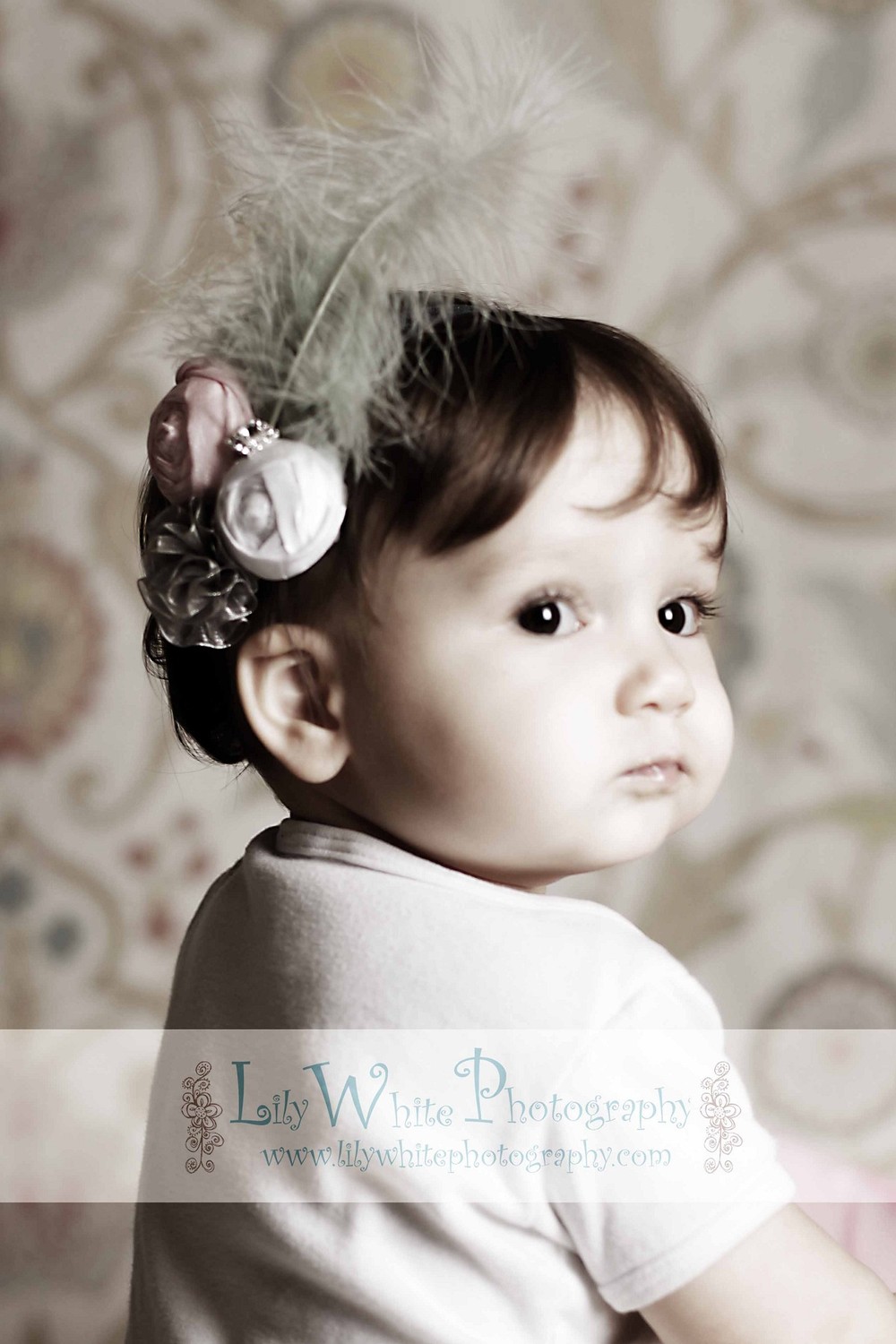 Baby Girl Headbands, Baby Flower Headband, Newborn Headband, Silk Flower Rosette, Pink, White And Grey Puff, Feathers Vintage Luxe
